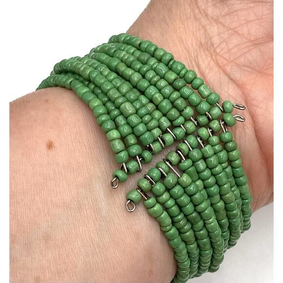 Green Aventurine Chipstone Bracelet Cuff Seed Beads Artisan - Picture 4 of 6